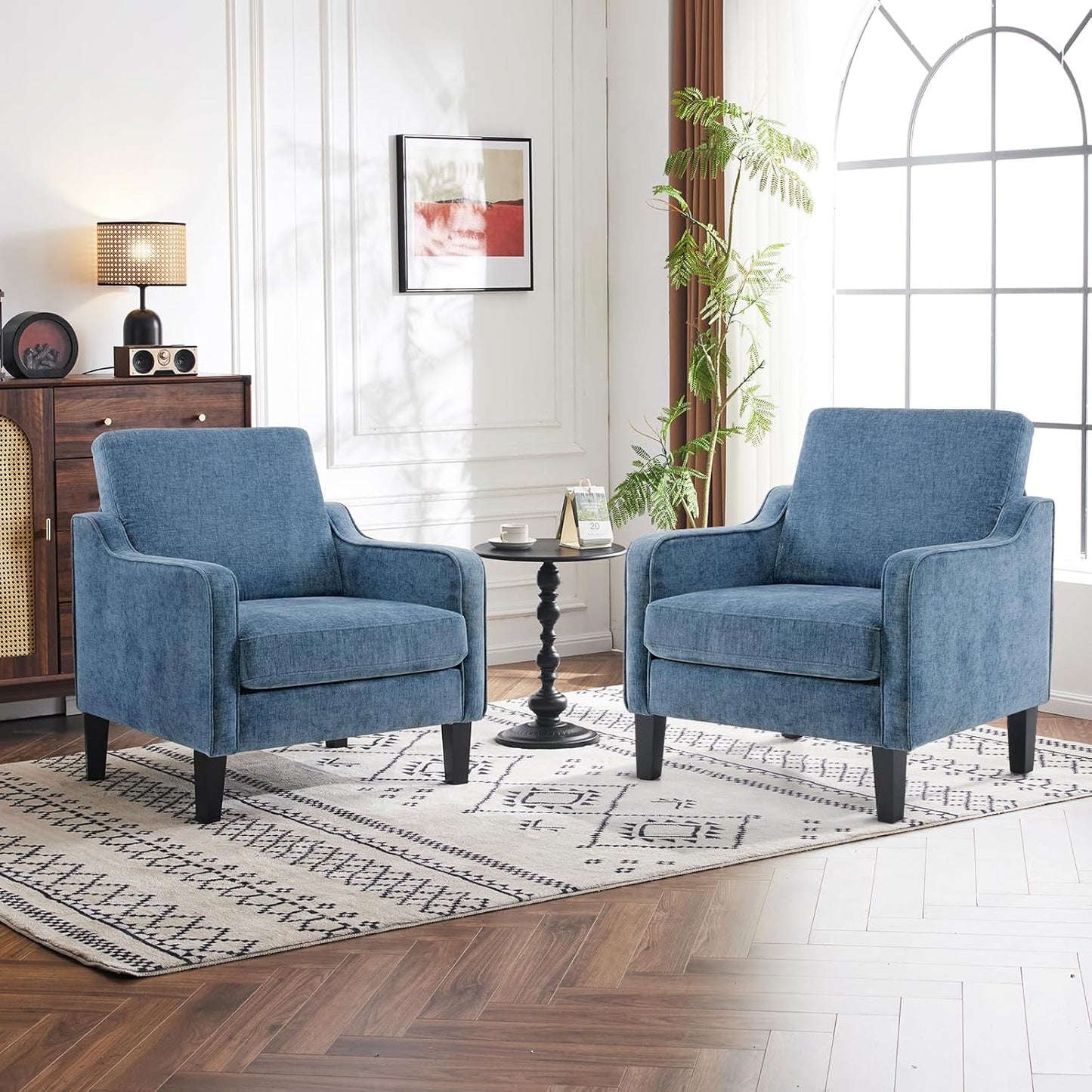 VINGLI Mid Century Modern Accent Chair Set of 2,Navy Blue Chenille Chairs for Living Room Upholstered Armchair with Scooped Arms for Bedroom,Apartment,Studio,Office,Waiting Room