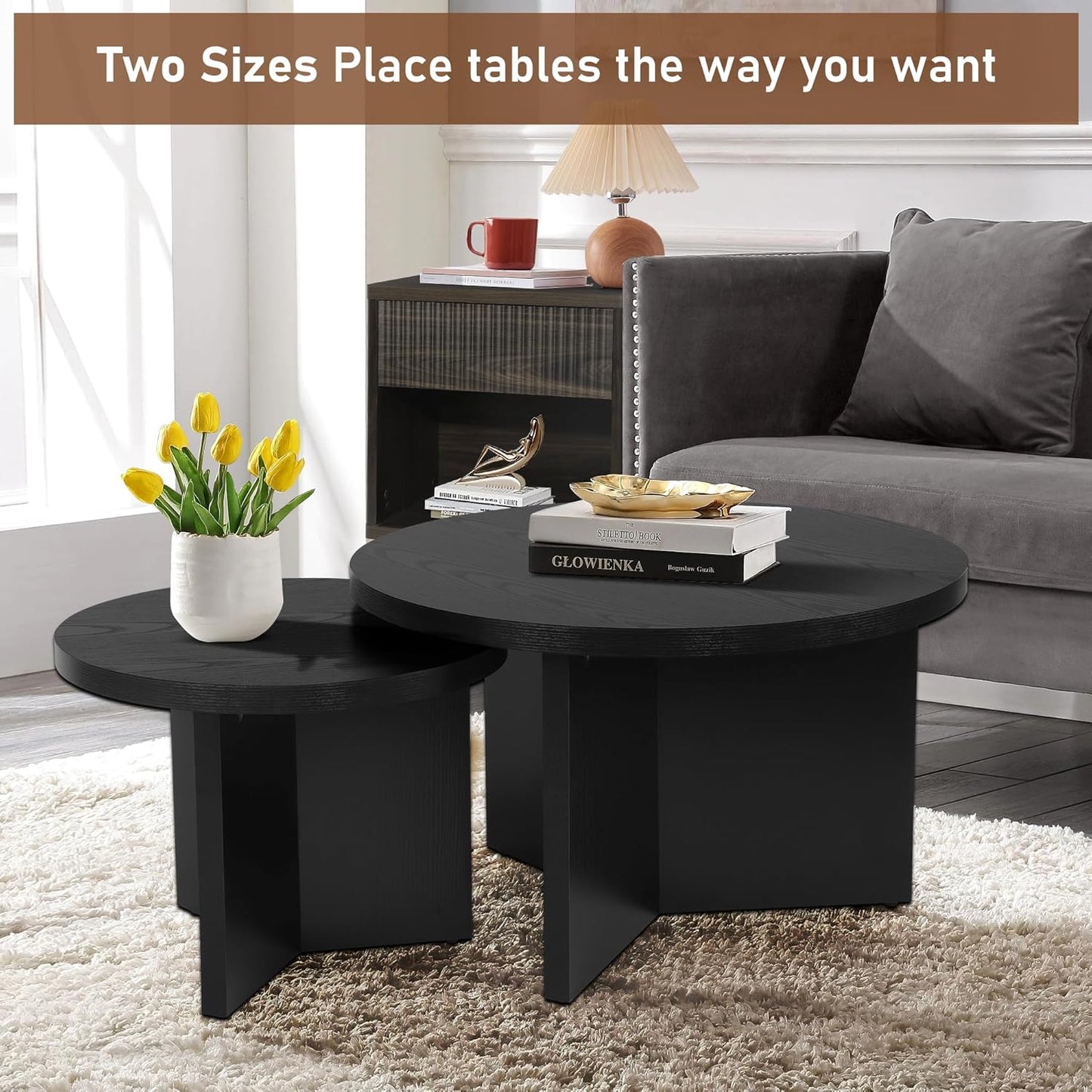 Round Nesting Coffee Tables Set of 2, Modern Stacking Table with Wood Grain Finish, End Table Side Tables for Living Room (Black)