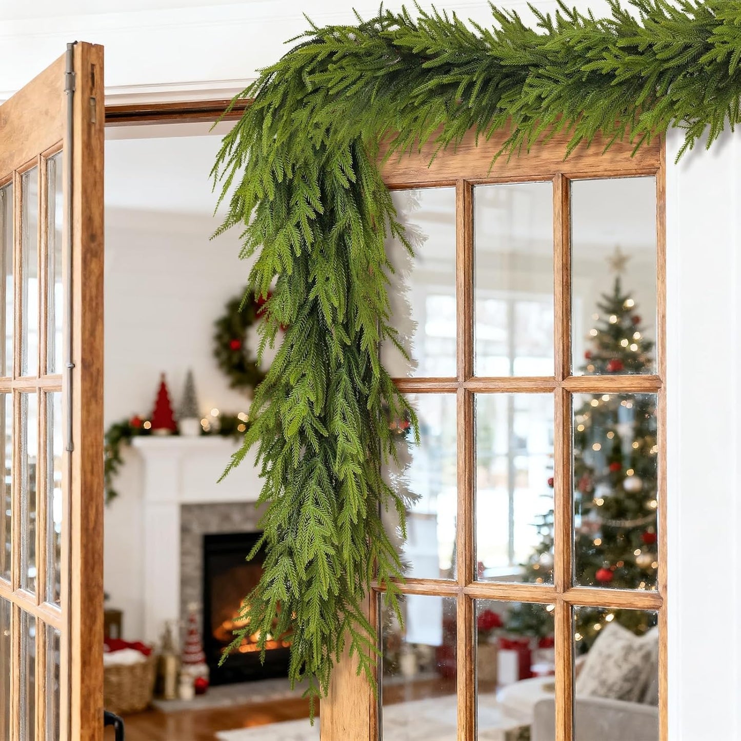 Artificial Norfolk Pine Garland - Faux Christmas Garland Fake Green Garland for Fireplace,Table, Stairs, Mantle, Window,Indoor Outdoor,Home,Holiday Decor (2 PCS,6 FT)
