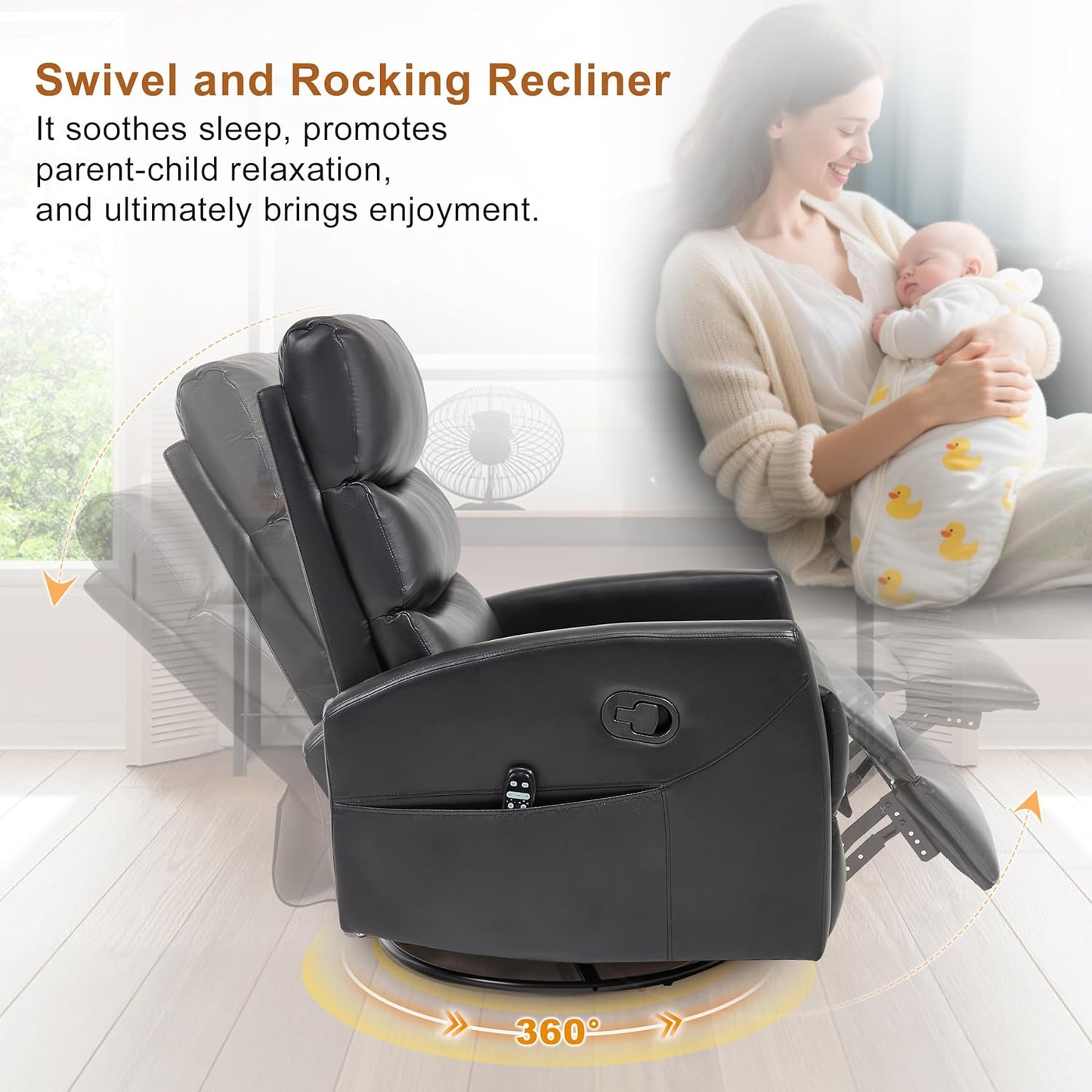 Manual Swivel Rocker Recliner Chair for Adults, Overstuffed Reclining Glider Chair for Nursing with Vibration Massage & Heat, Living Room Rocking Recliner 3-Stage backrest, Faux Leather Black