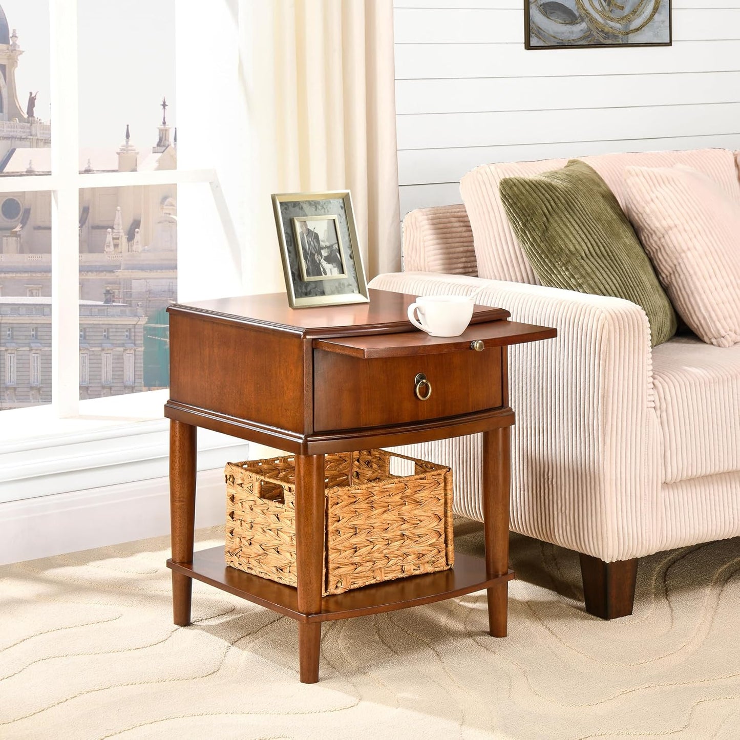 Set of 2 Solid Wood Square End Table with Drawer, 2 Tier Wooden Sofa Side Table with Sliding Shelf & Lower Shelf, Nightstand Bedside Table for Living Room Bedroom, 19.7x17.7x22.8in