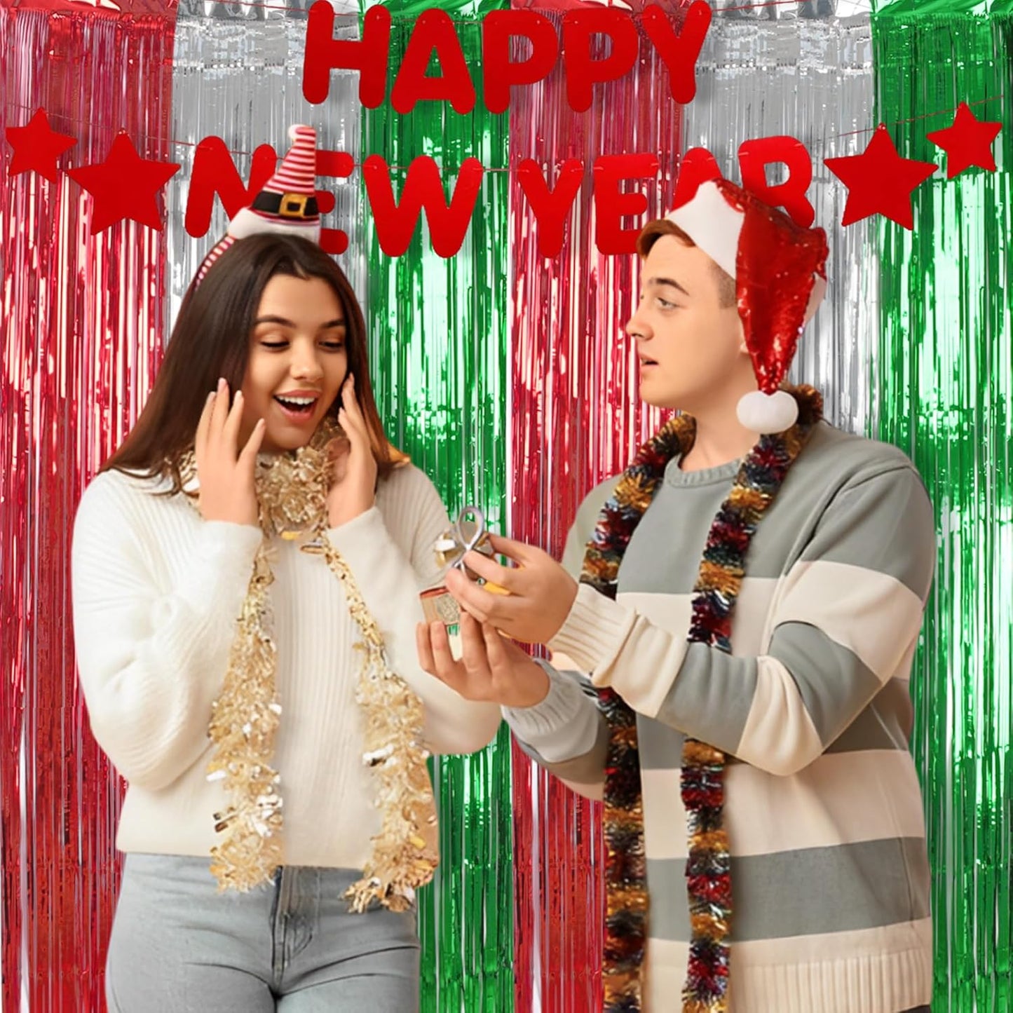 BRAVESHINE 2 Pack Fringe Backdrop Red Silver Green Christmas Party Decorations 3.2 x 6.6 ft Tinsel Foil Curtain Party Streamer Metallic Photo Backdrop for Christmas, New Year Decor