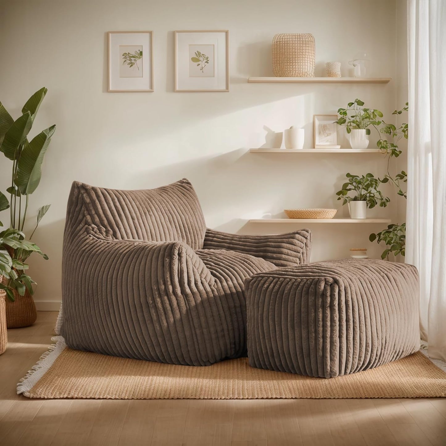 Giant Bean Bag Chairs for Adults, Oversized Chaise Lounge Chair Indoor with Memory Foam - Plush Boneless Lounger & Ottoman for Bedroom, Living Room, Gaming & Reading, Lazy Floor Sofa Chair, Khaki