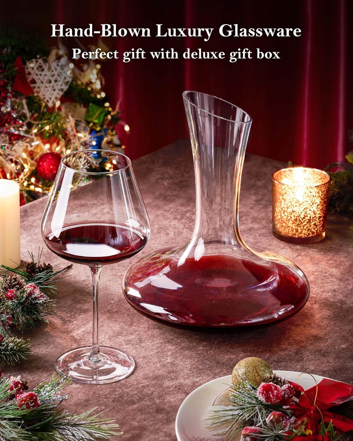 JBHO Full Bottle Wine Decanter with 2pcs Red Wine Glasses and Cleaning Beads, 21 oz Burgundy Wine Glasses, 56 oz Wine Carafe Aerator and Glasses Set, Wine Decanter and Glass Set