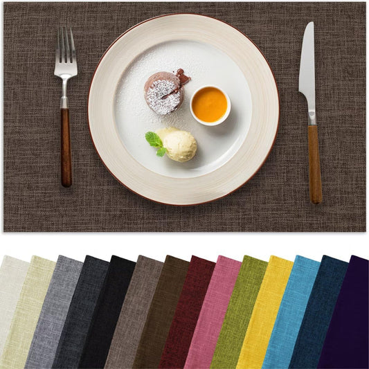 Placemats Set of 6, Bilayer Thickened Linen Place Mats Heat Resistant Machine Washable Wrinkle Free Carefully Selected Polyester Mats for Kitchen/Dining/Coffee Table (Burlap)