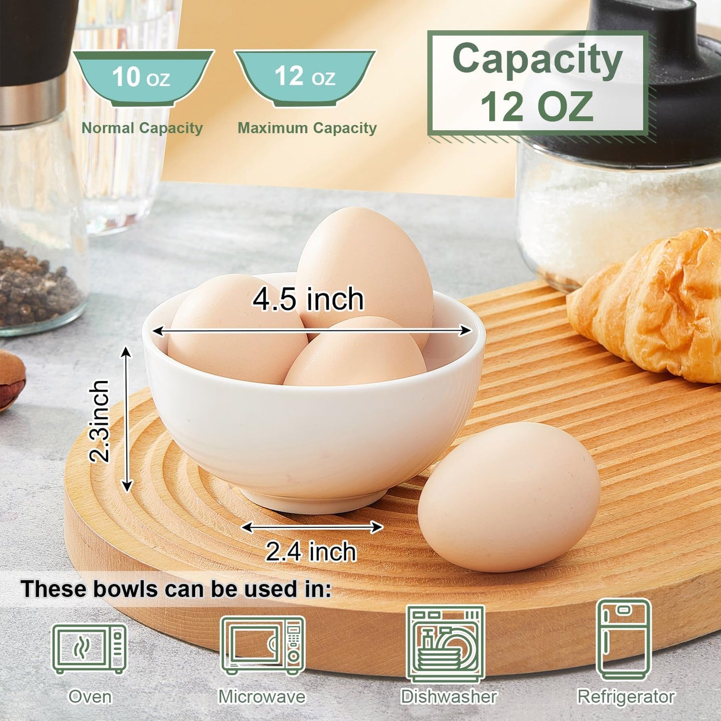 White 4.5in Small Ceramic Bowls 12 OZ, AntoKueh Cereal Bowls Set of 12 for Dessert, Rice, Jello, Family dressfamily gatherings, hosting dinner parties