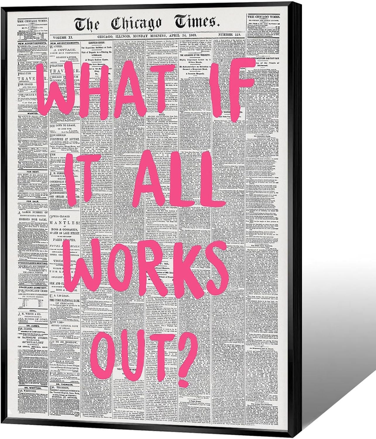 Liyark Retro Trendy Newspaper Canvas Wall Art 'What If All Works Out' Poster - Positive Affirmation Quote - Pink Font - Minimalist Home Decor - Framed 12x16in