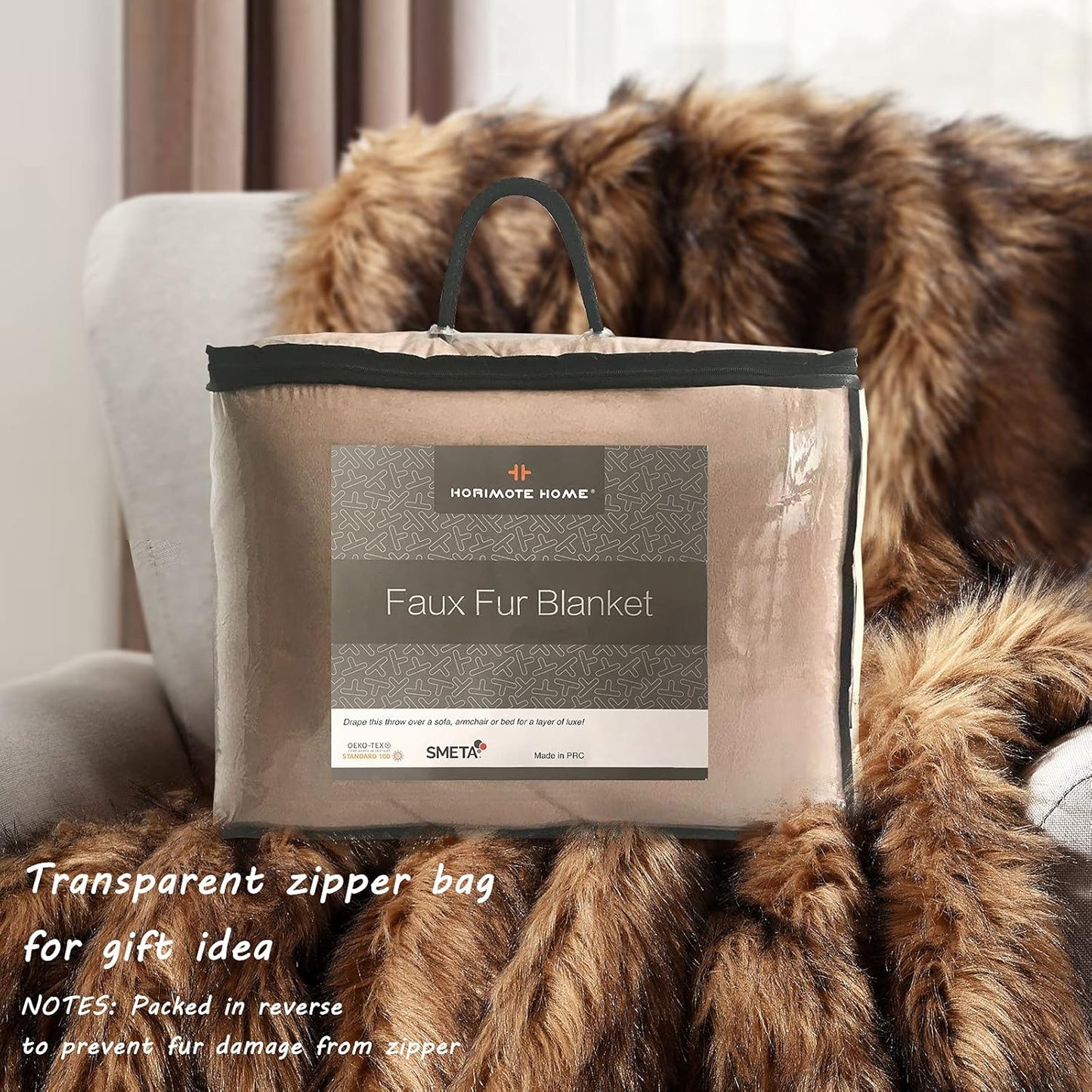 Luxury Plush Faux Fur Throw Blanket, Long Pile Brown with Black Tipped Blanket, Super Warm, Fuzzy, Elegant, Fluffy Decoration Blanket Scarf for Sofa, Armchair, Couch and Bed, 60''x 80''