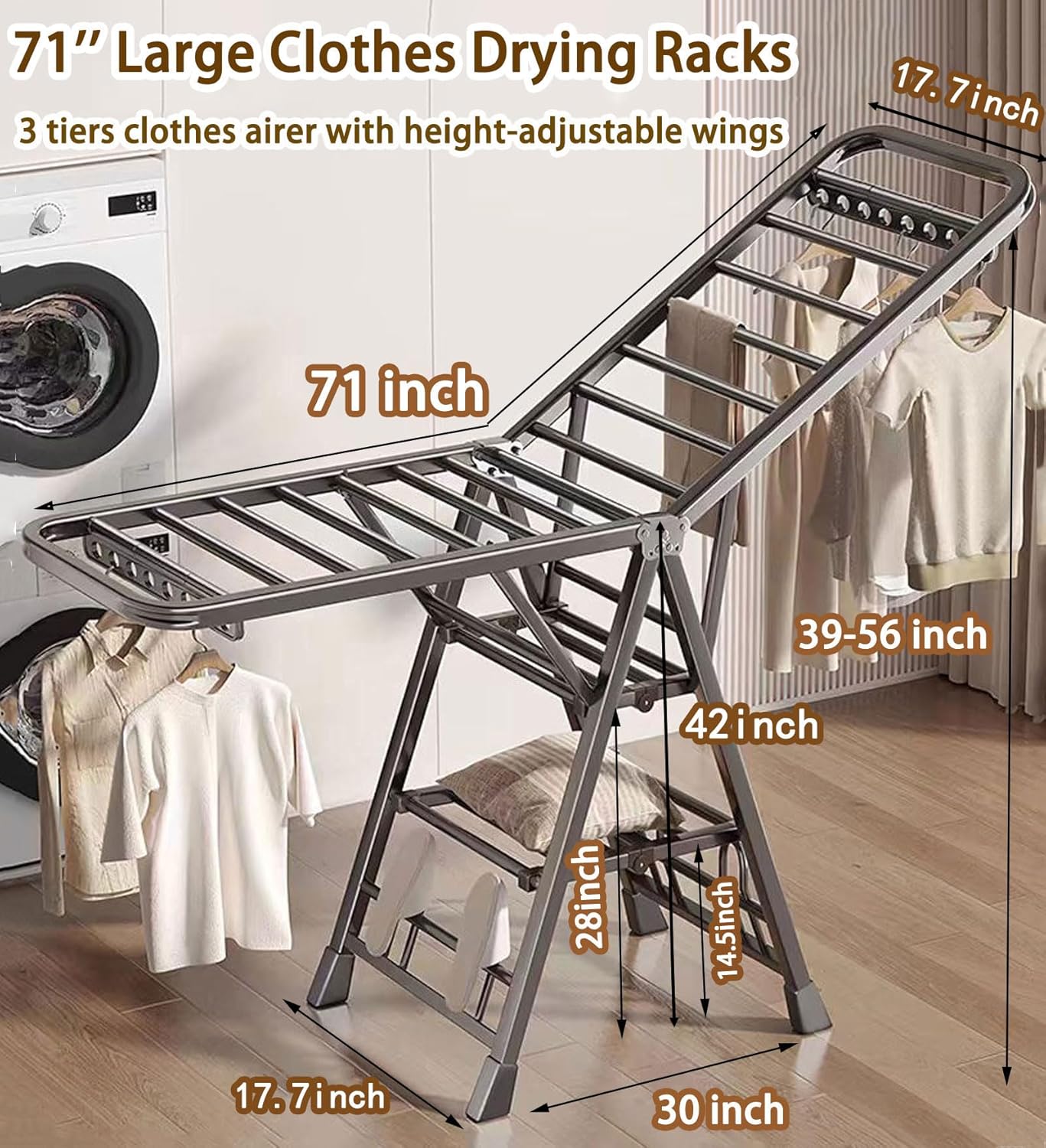 Mimiblack Heavy Duty Clothes Drying Rack Foldable with Wheels, 71'' Extra-Thick Metal Laundry Dryer Stand, 27 Rods Free-Standing for Indoor/Outdoor Windproof Use - Large Size