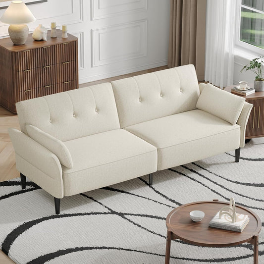 89” Futon Sofa Bed, Linen Comfy Futon Couch Bed with 2 Square Pillows, Convertible Sleeper Sofa with Adjustable Backrest& Armrests, Modern Loveseat Sleeper for Living Room, Bedroom, White