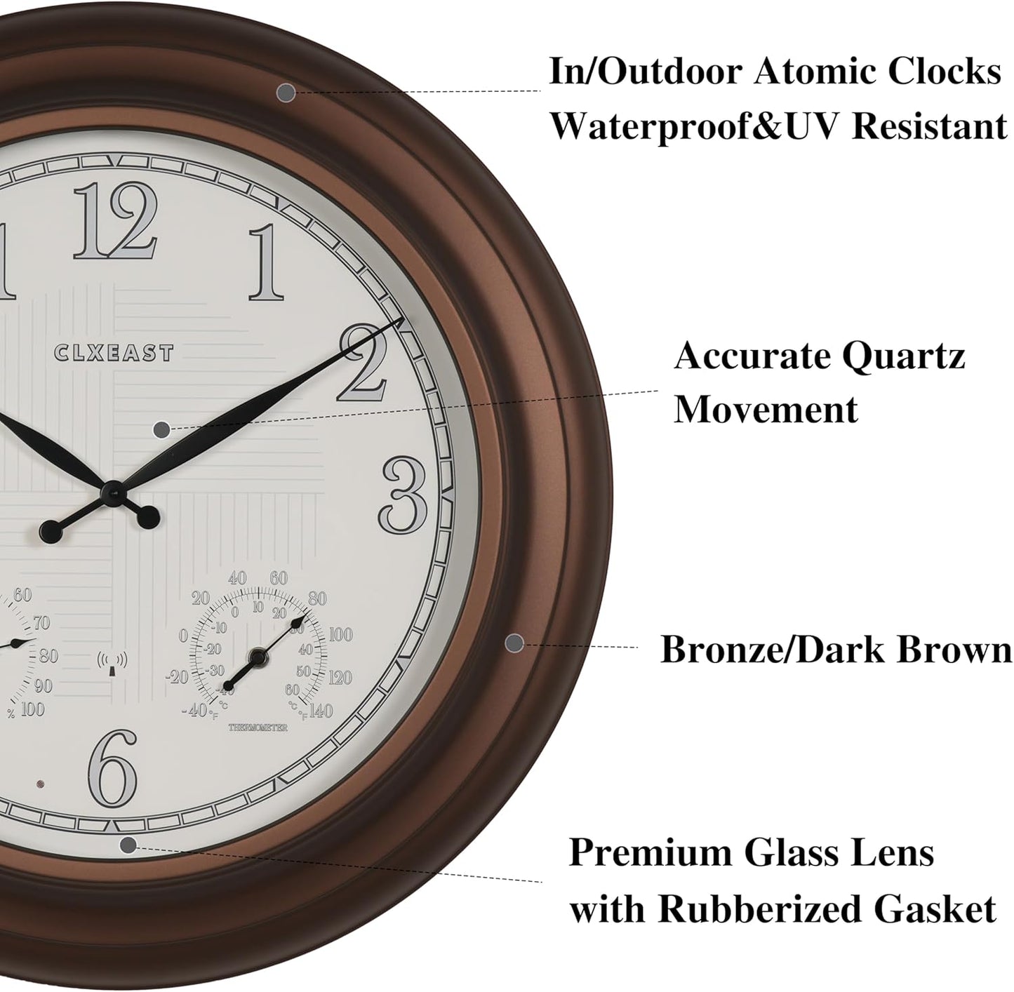 CLXEAST 24 Inch Illuminated in/Outdoor Lighted Atomic Analog Wall Clock with Thermometer & Hygrometer, Oversized Large Waterproof Wall Clocks for Living Room Decor,Bronze Finish
