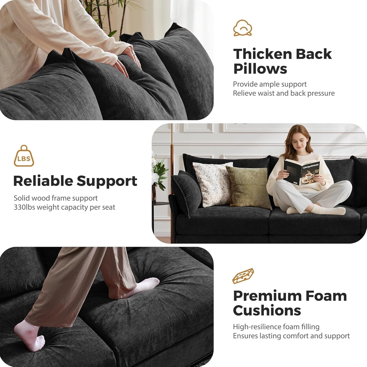 134.6" Modular Sectional Sofa, U Shaped Couch Set for Living Room, Large 8-Seater Comfy Cloud Couches with Movable Storage Ottoman,DIY Combination - Chenille Black