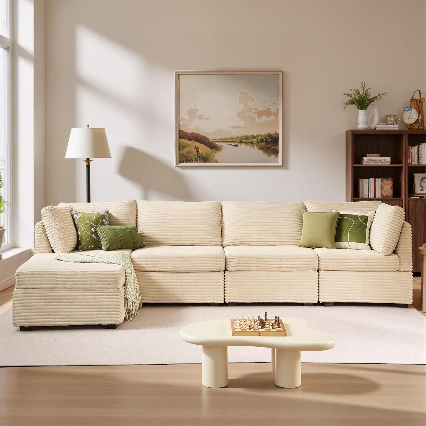 ovios Sectional Sofa Couch with L-Shape Chaise Ottoman, Comfy Modular Cloud Couches with Deep Seat, Modern Upholstered Plush Corduroy Sofas Set for Living Room, 5-Seater, Beige