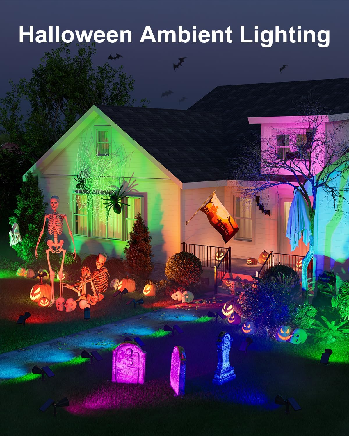 2 Pack Color Change Halloween Solar Spotlights Outdoor Rainbow Waterproof Landscape Uplights for Outside Decor, Skeletons, Ghost, Witch, Accent Lighting for Wall, House, Patio, Path, Pool, Walkway