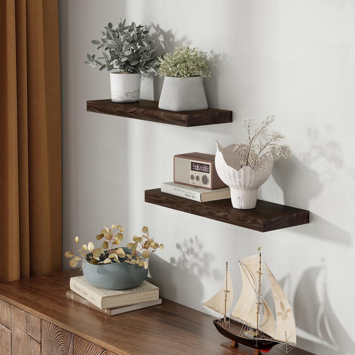 Wood Floating Shelves for Wall, 24" Floating Shelves Wall Mounted, Rustic Old Elm Wood Shelves for Home Decor, Heavy-Duty Storage Shelves for Books, Bathroom, Kitchen, Walnut Color, Set of 2