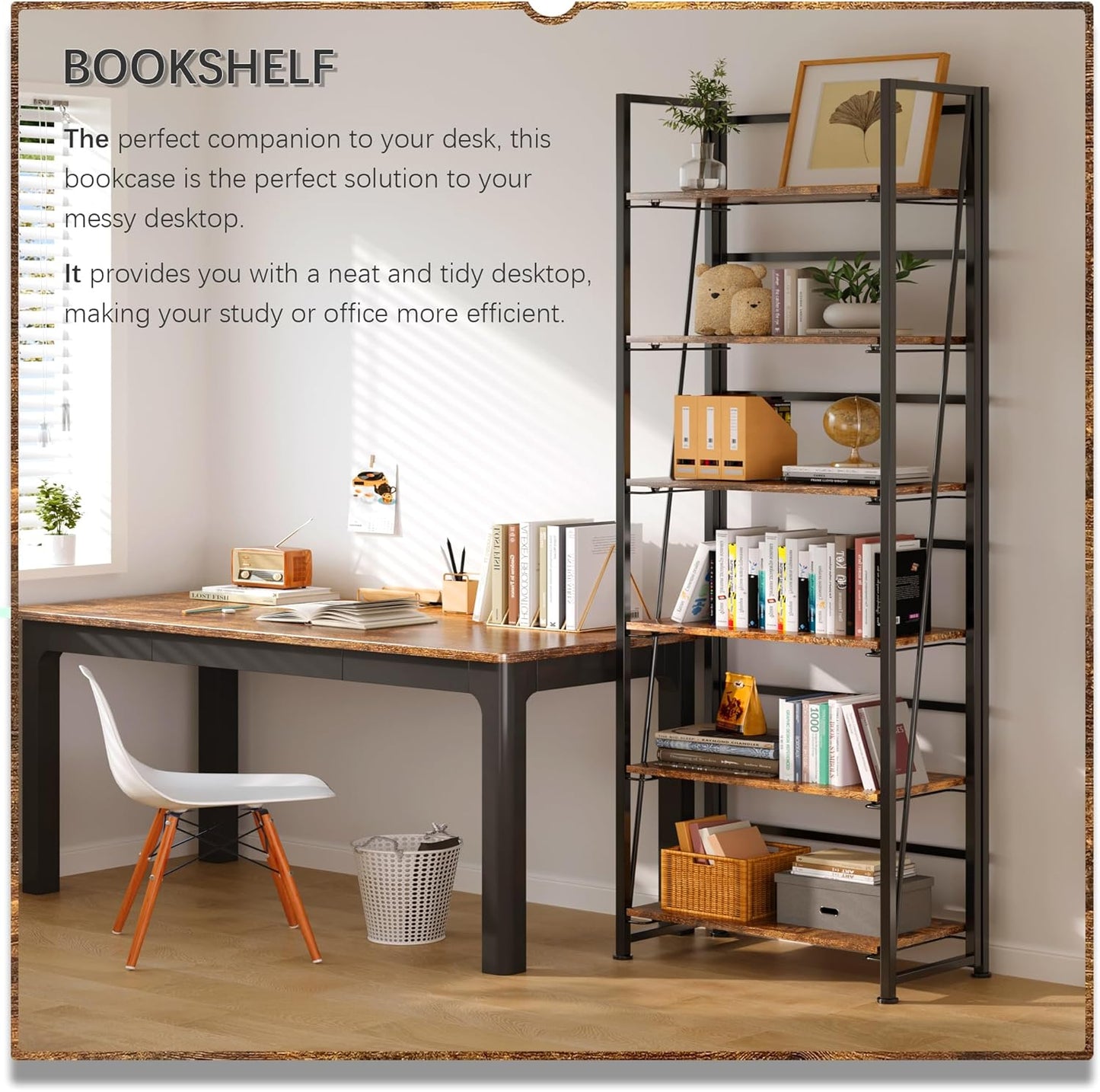 4NM No Assembly Foldable Bookshelf, 6-Shelf Collapsible Bookcase Storage for Small Spaces, 74" H, Rustic Brown and Black