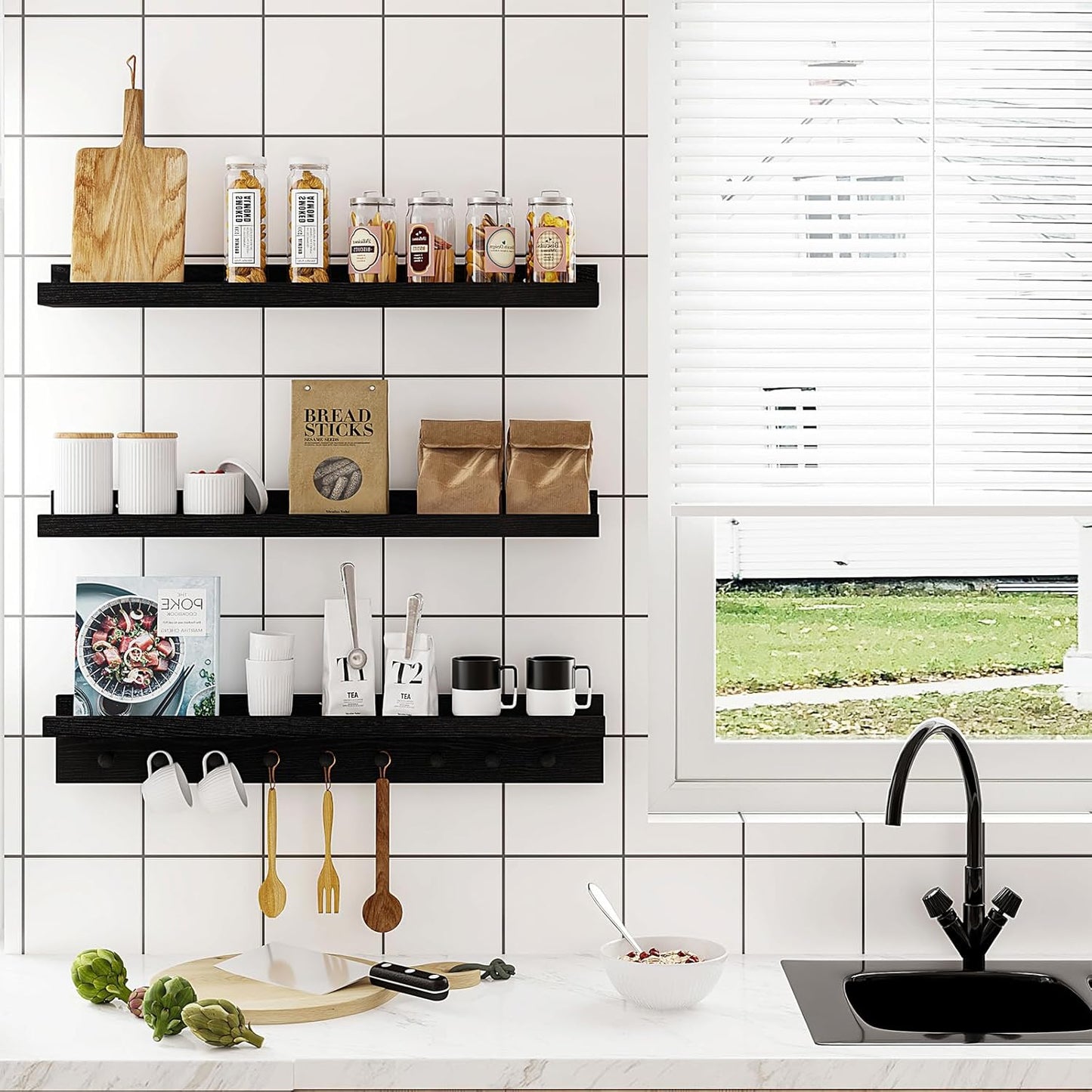 MBYD Black Picture Ledge Shelf with Hooks, 24 Inch Floating Book Shelves Kids Room, Wall Mounted Nursery Bookshelves, Hanging Bookshelf for Bedroom, Living Room, Kitchen, Bathroom Set of 3