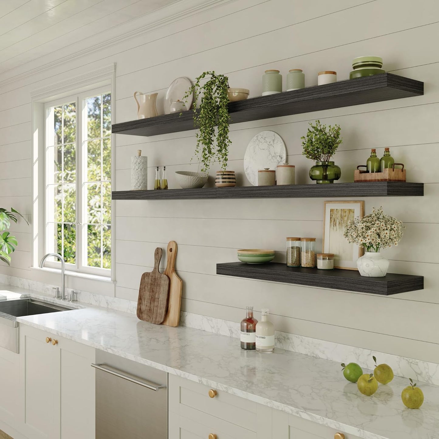 Large Floating Shelves for Wall Set of 2 Wooden Wall Shelves 36 in x 12.75 in x 2 in Room Decor Long Shelf with Invisible Wall Mount Bracket for Bedroom Kitchen Living Room Black Wood