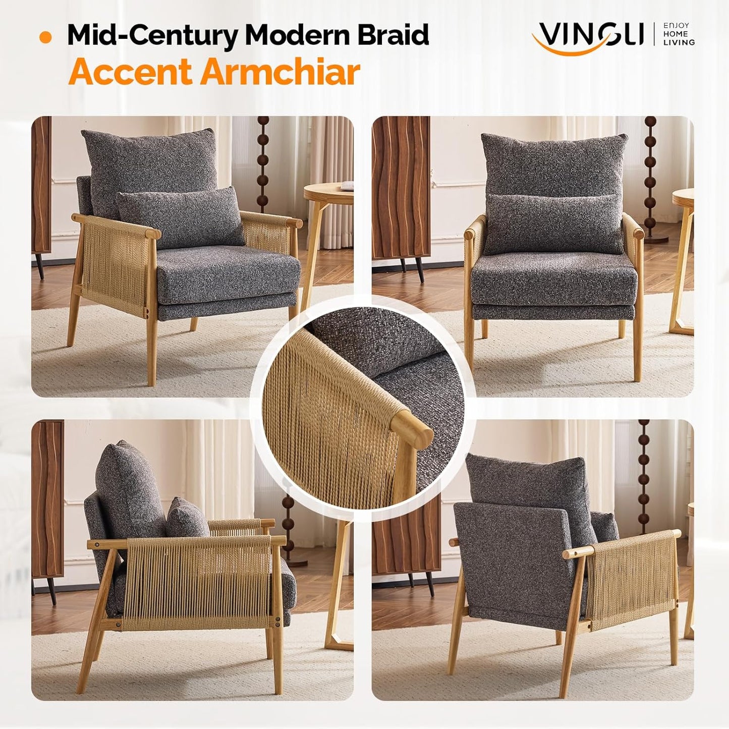 VINGLI Boho Braid Accent Armchairs Set of 2,Mid-Century Modern Chiars with Solid Wooden Armrest,Comfy Louge Cushion Chairs with Waist Pillow for Bedroom,Living Room,Reading Room, Gray