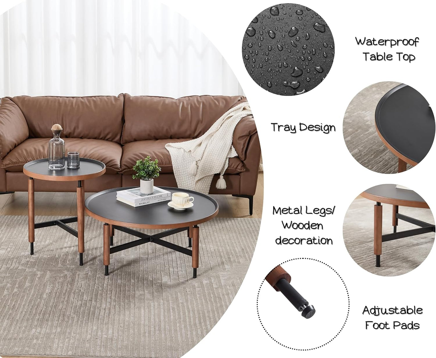 EALSON Nesting Coffee Table Set of 2 Round Coffee Tables with Black Metal Legs/Wood Top Mid Century Modern Centre Table Circle Accent Side Tables for Living Room Bedroom Walnut