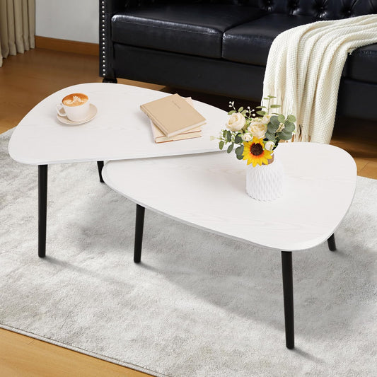 Nesting Triangle Coffee Table End Tables Set of 2 for Living Room Bedroom, Industrial Small Stacking Side Tables for Couch, White