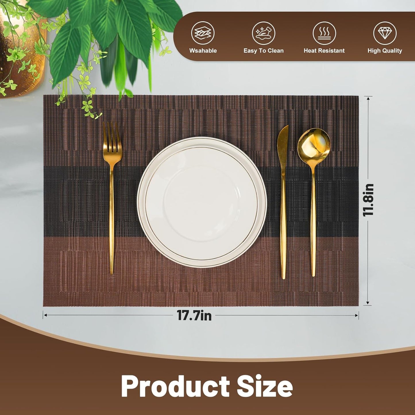 Placemats Set of 8，Non-Slip PVC Weave Table Mats Easy to Clean，Heat Resistant Place Mats for Kitchen Dining Table Decoration Indoor Outdoor，Black Brown