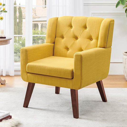 Accent Chair Button-Tufted Upholstered Living Room Chairs Comfy Reading Chair Mid Century Modern Chair with Linen Fabric Lounge Arm Chairs for Living Room Bedroom (Bright Yellow)