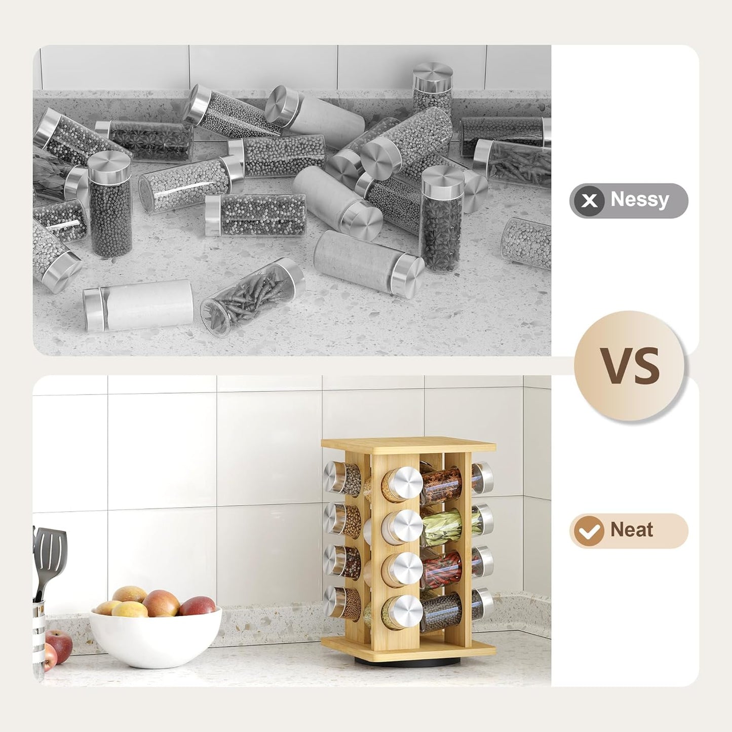 WelFurGeer Bamboo Spice Rack Organizer for Countertop, Revolving Spice Shelf with 16 Glass Jars, Lids & Labels, Desktop Rotating Seasoning Organizer for Kitchens, Space-Saving Design