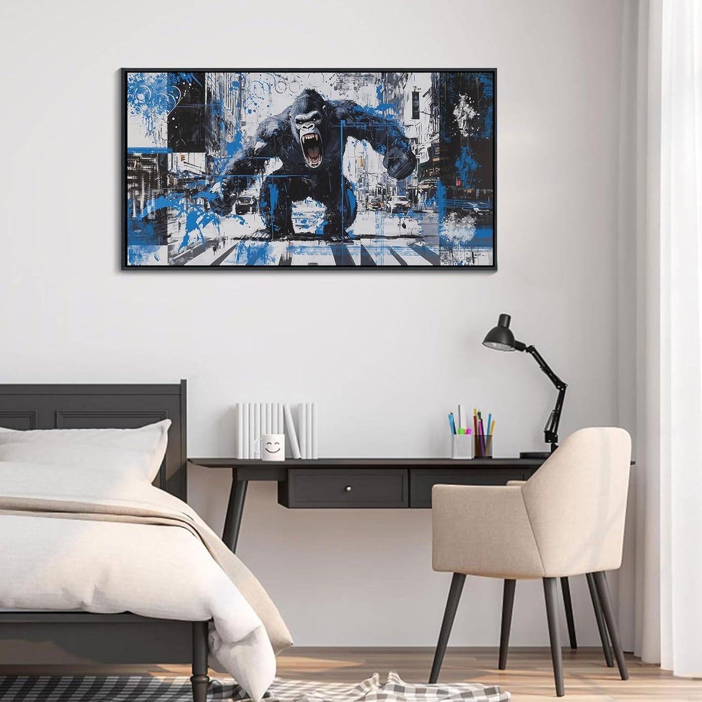 JEAWA Bathroom Framed Wall Art, Angry Gorilla Abstract City Street Graffiti Cool Pop Canvas Paintings Black and White Modern Picture for Living Room Bedroom Men Teenage Boy Game Room Decor 20x40 IN