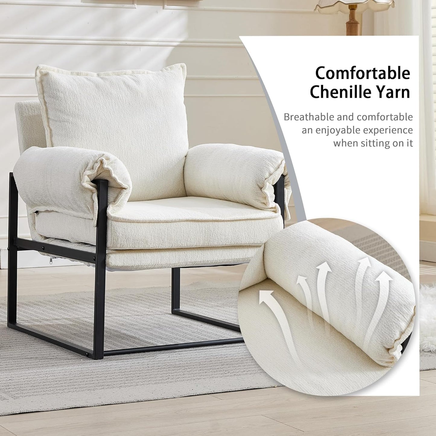 YISHENG Accent Chair with 6-Angle Adjustable Backrest, Chenille Fabric Living Room Chair Upholstered Lounge Chair, Modern Chair Cozy Reclining Chair for Reading Room, 1PC White