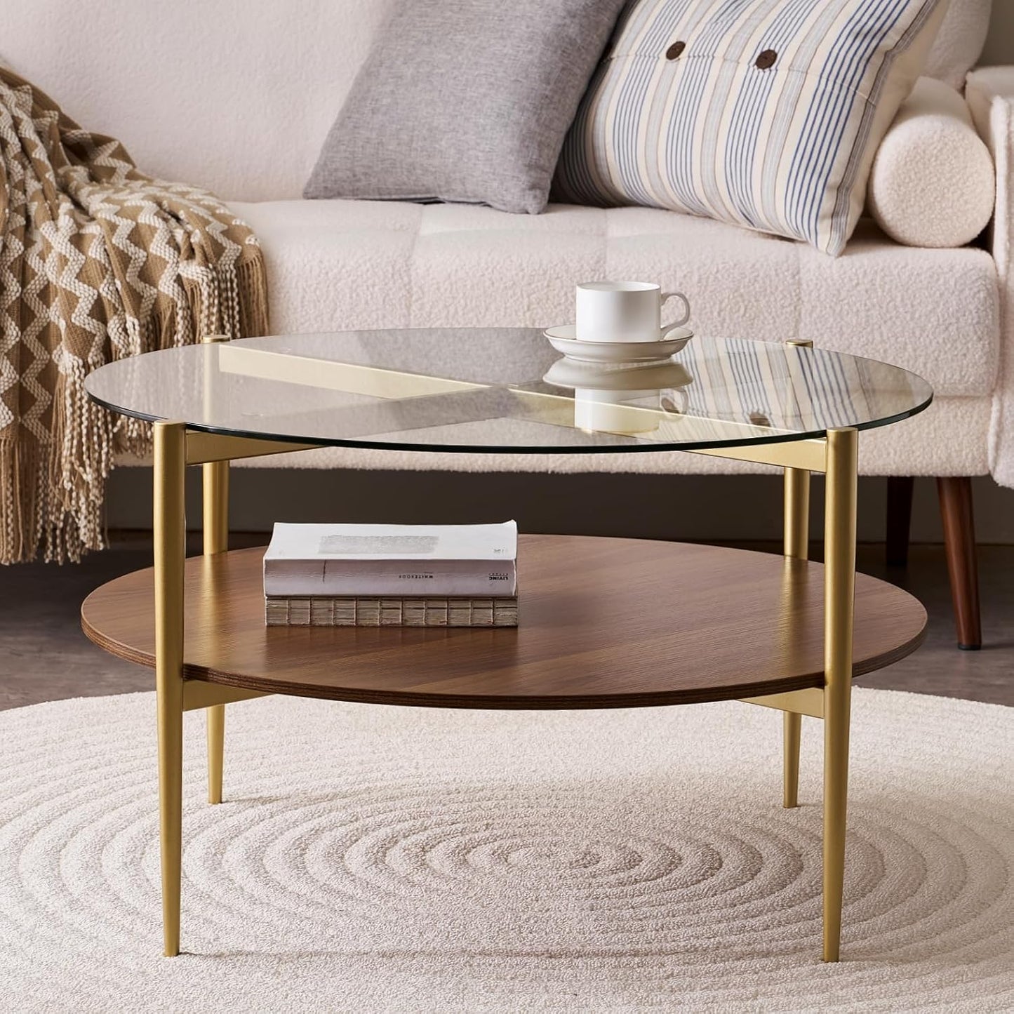 Round Coffee Table, Mid-Century Modern Design, D30“ x H17”, for Living Room, 2-Tier Structure, Clear Glass Top and Walnut MDF Shelf, Sleek Conical Metal Legs with Gold Finish