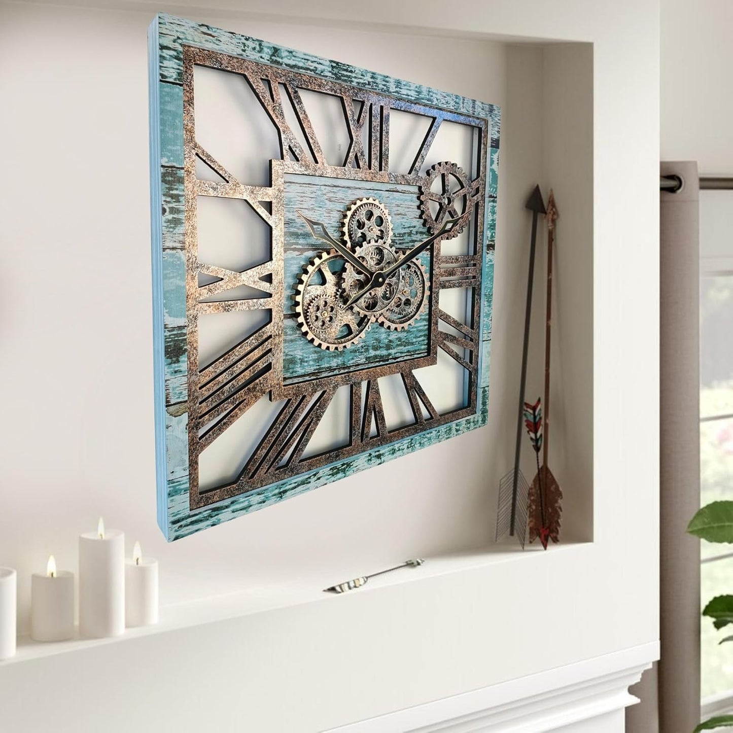 The Gears Clock 24'' Inch Square Real Moving Gear Wall Clock Vintage Industrial Oversized Rustic Farmhouse (Aqua Green)