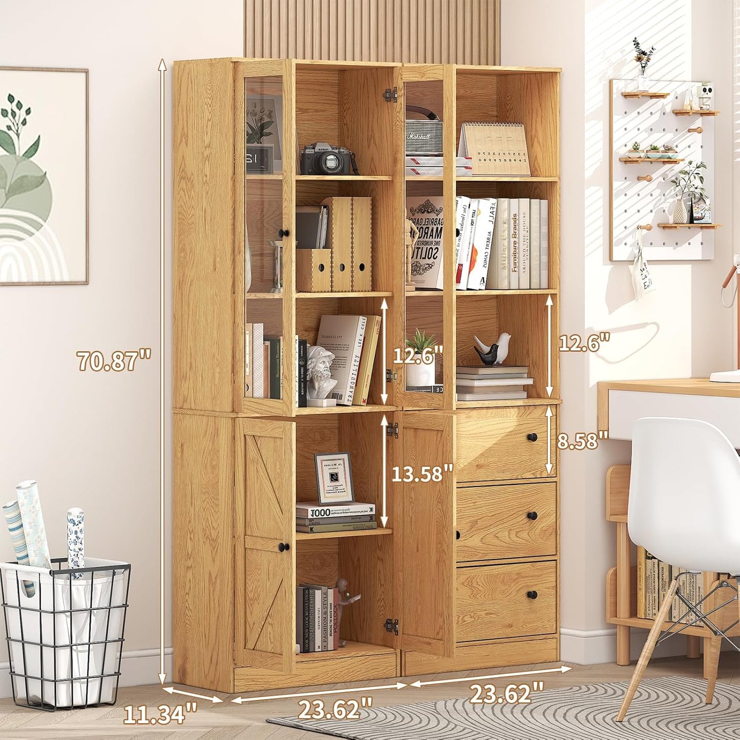 71" Tall Bookshelves Set of 2, Bookcase with Drawers & Bookshelf with Doors, Wooden Bookshelves Floor Standing Display Storage Shelves Home Decor Furniture for Home Office, Living Room,Natural