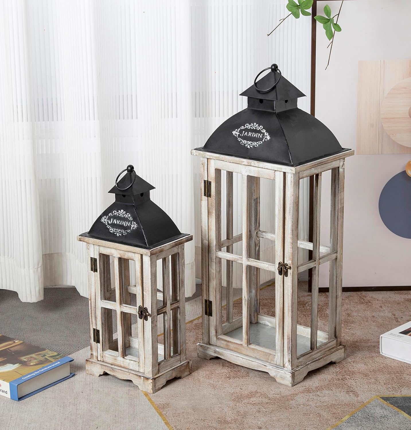 Set of 2 Large Decorative Wooden Metal Lanterns, Farmhouse Rustic Floor Candle Lanterns, Indoor/Outdoor Hanging Lanterns for Home Decor (No Glass)
