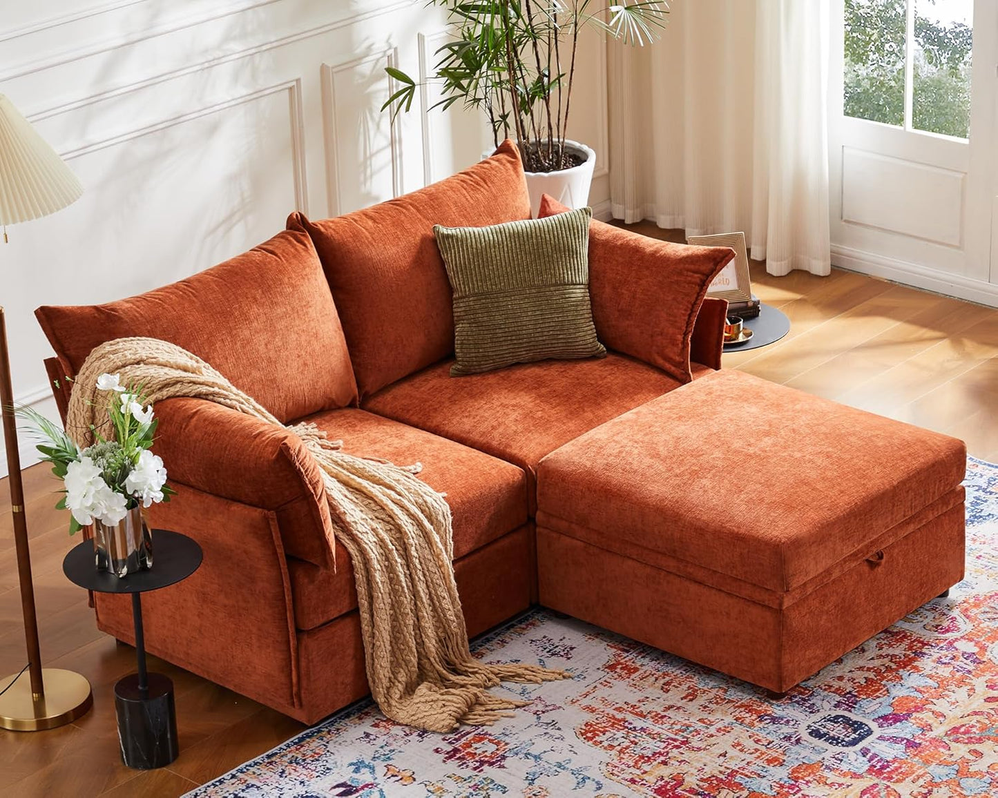 Luxury Modular Sectional Sofa, L-Shaped 3-Seat Couch with Storage Ottoman Deep Seat & Reversible Chaise Lounge Chenille Terracotta Orange for Compact Spaces, Apartments, Dorm