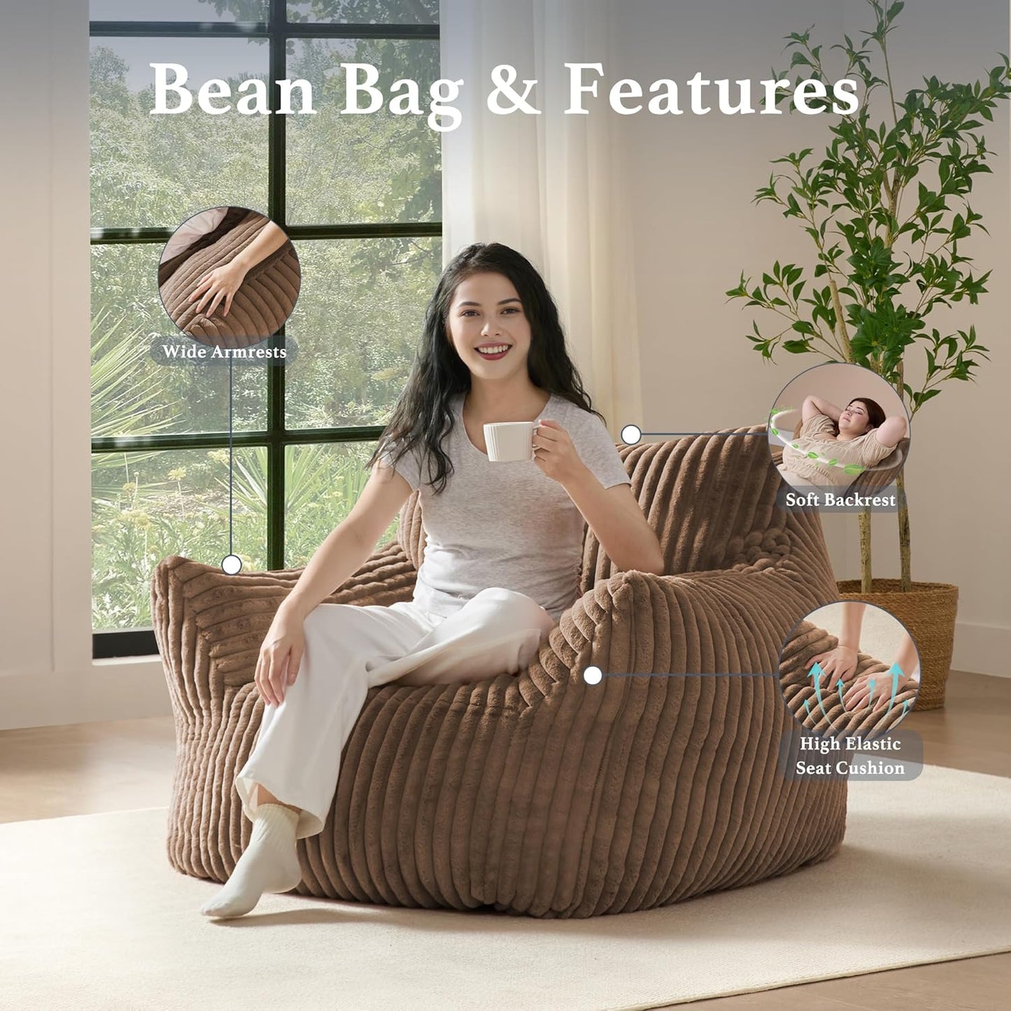 Giant Plush Bean Bag Chair for Adults with Armrests - Oversized Comfy Khaki Beanbag Lounge Lazy Floor Sofa Chair for Living Room, Bedroom & Dorm, Cozy Fluffy Single Cloud Mini Couch