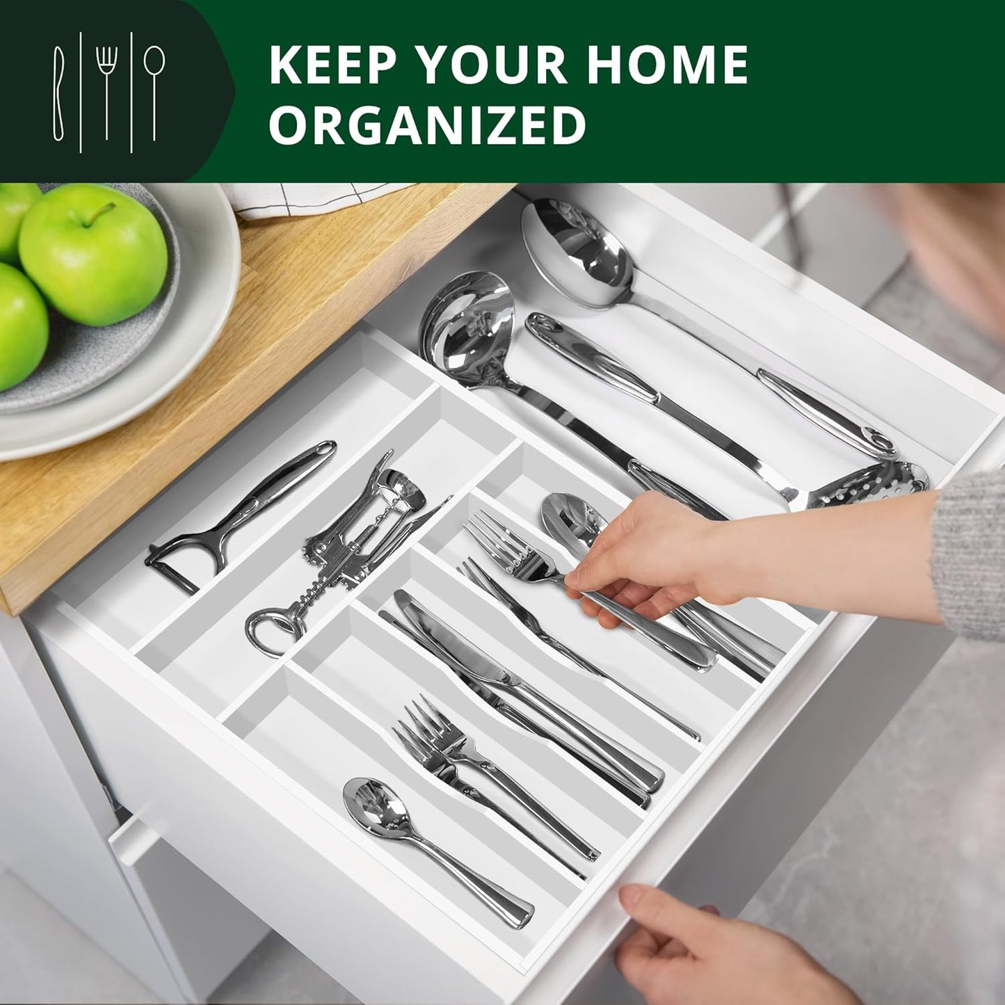 ROYAL CRAFT WOOD Luxury Bamboo Kitchen Drawer Organizer - Silverware Organizer - Utensil Holder and Cutlery Tray with Grooved Drawer Dividers for Flatware and Kitchen Utensils (7 Slot, White)