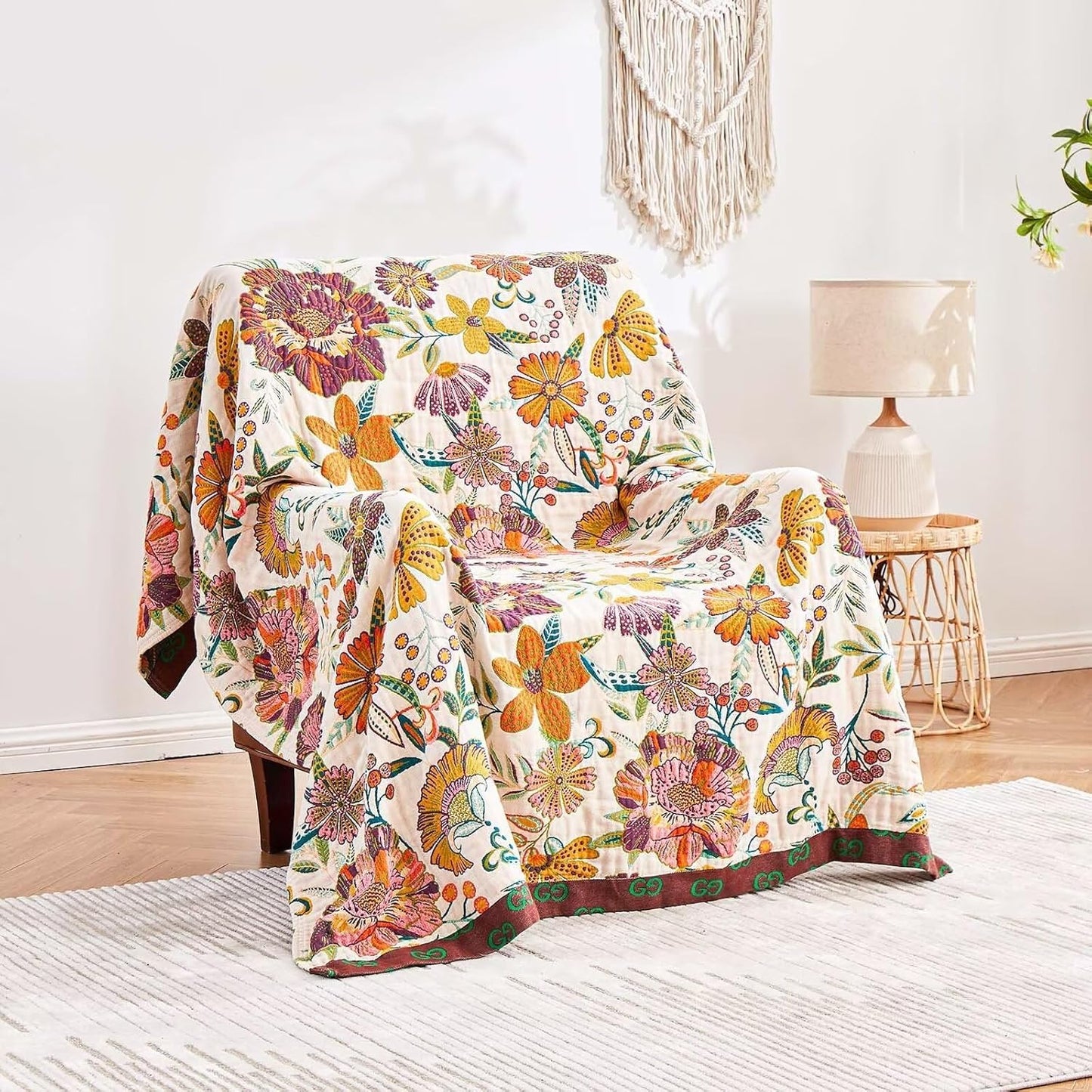 Boho Throw Blanket, 100% Cotton Ultra Soft Luxury Throw Rustic Quilt, 80"x90" Floral Printed Farmhouse Decor Bed Summer Blankets, All Season Rustic Reversible Bohemian Throw for Bed - White