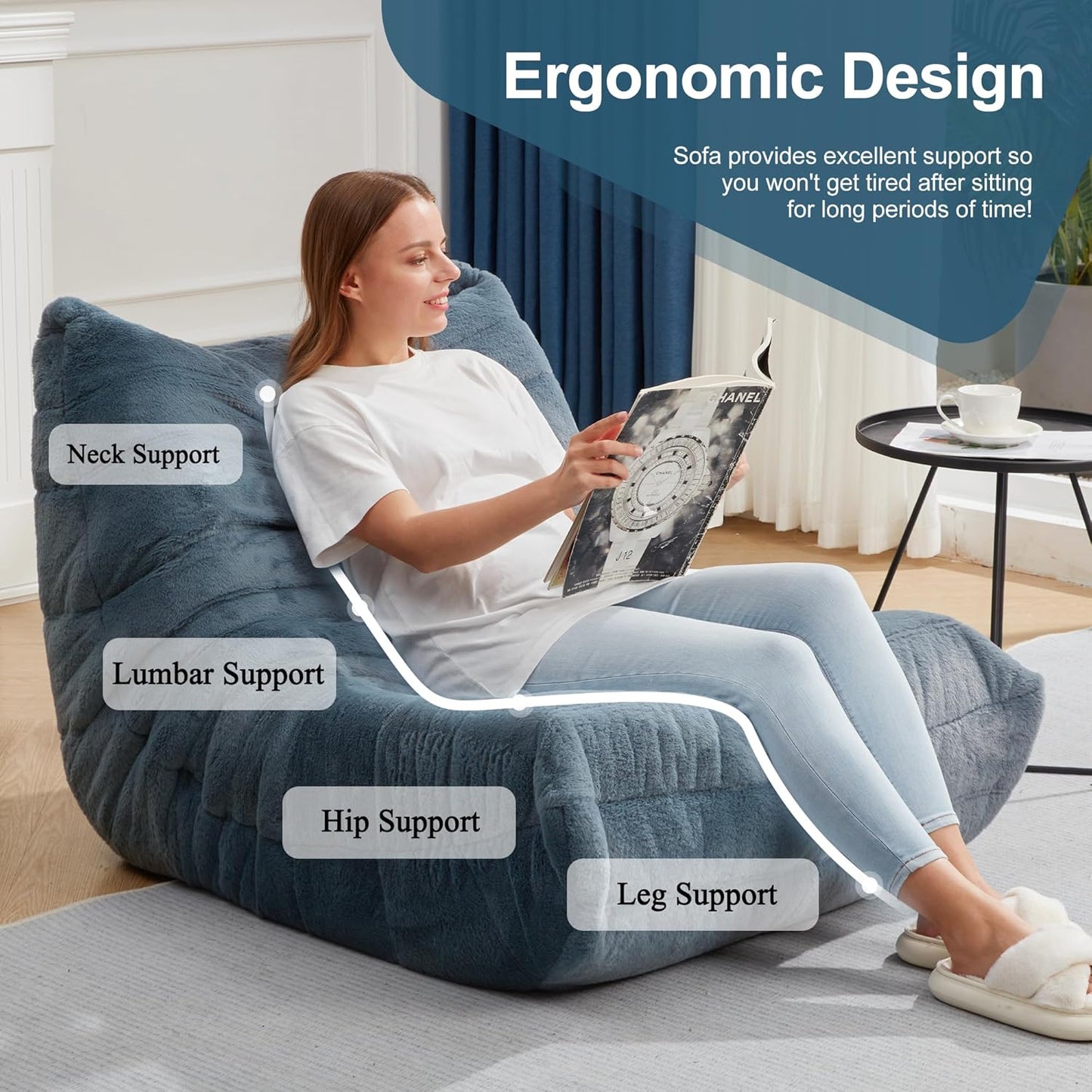 Bean Bag Chairs for Adults Giant Bean Bag Chair Memory Foam BeanBag Chair Big Bean Bag Sofa with Filler Faux Fur Fireside Beanbags Lazy Sofa for Living Room Bedroom Dorm Office (Bluegrey Plush)