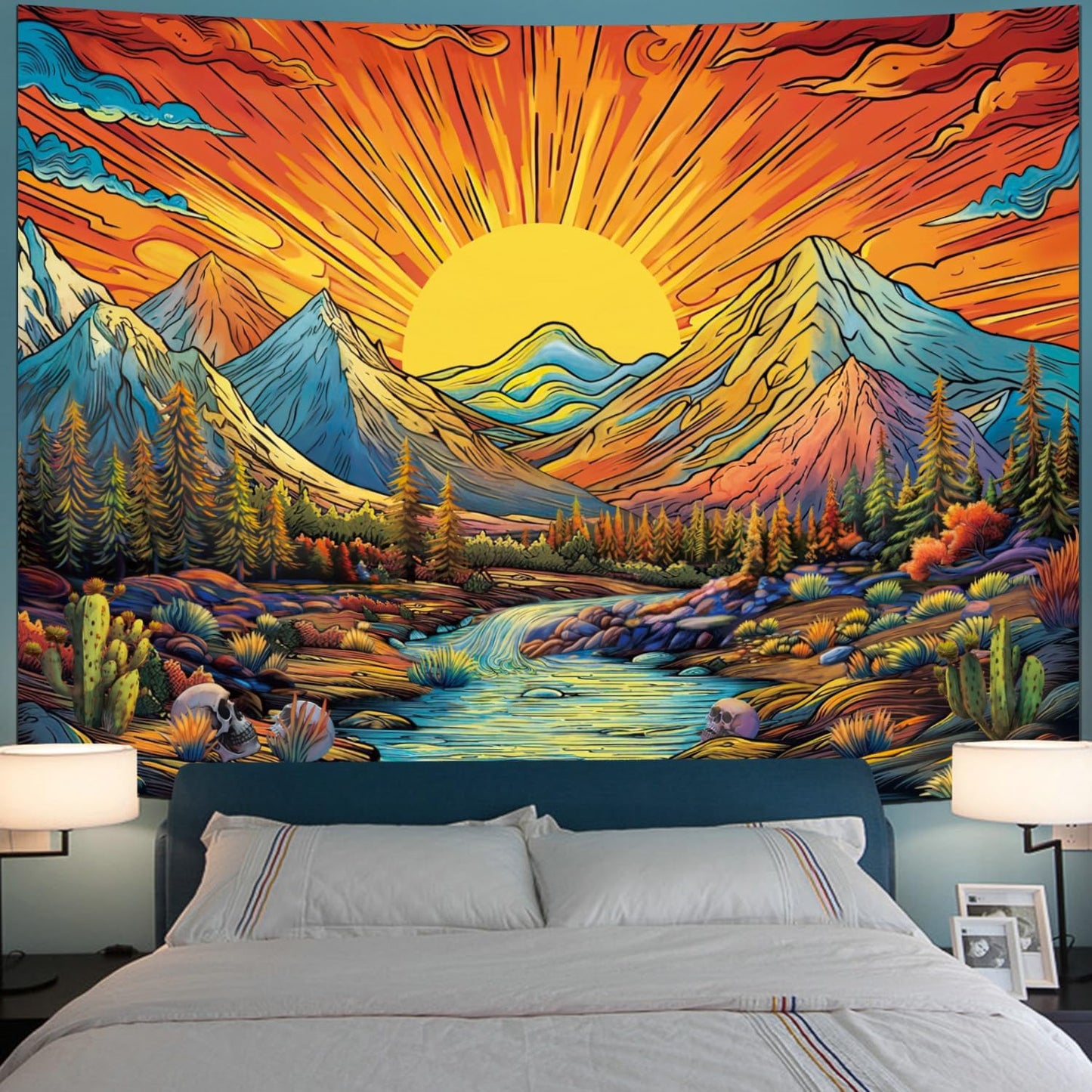 Serborlur Boho Sun Mountain Tapestry Trippy Forest Tree Tapestries Vintage Aesthetic Plant Magical River Wall Tapestry Nature Landscape Wall Hanging for Bedroom Living Room (59.1 × 78.7 inches)