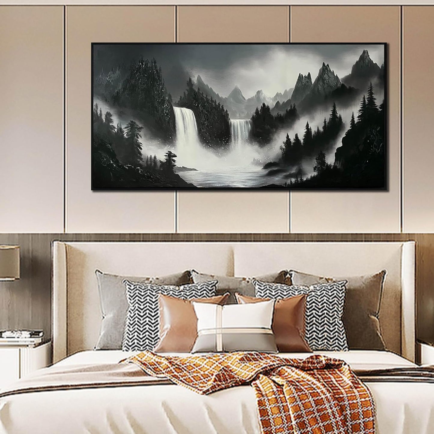 Hand Painted Mountains Painting for Living Room - Waterfall Canvas Wall Art for Office - Large Framed Wall Art Bedroom Size 29" x 59"