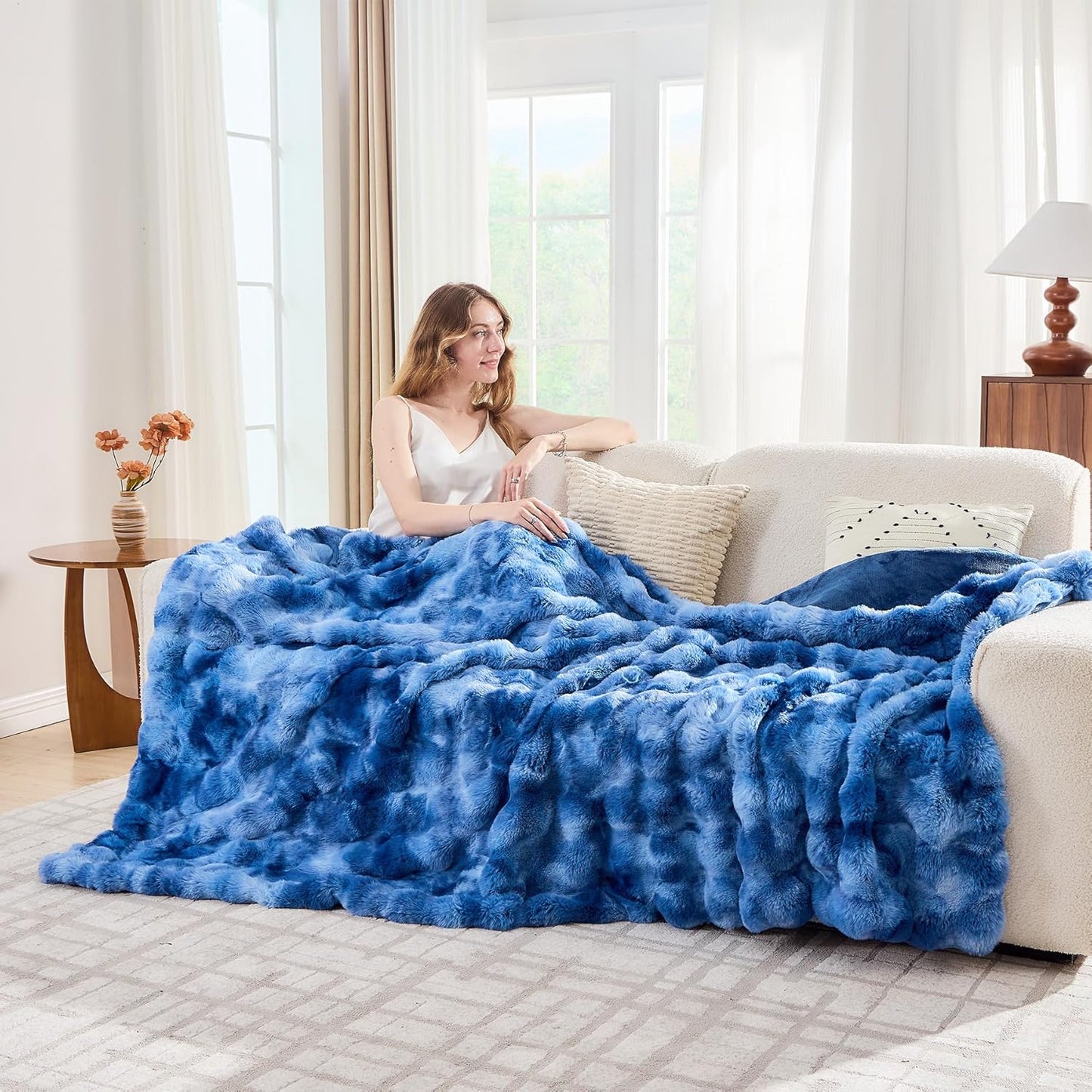 Lotus Karen Faux Fur Throw Blanket Tie-Dye Blue - Big Bubble Rabbit Fluff Blanket for Couch, Large Fluffy Fuzzy Cozy Blanket,Thick Furry Plush Shaggy Blankets,90x90 Inches