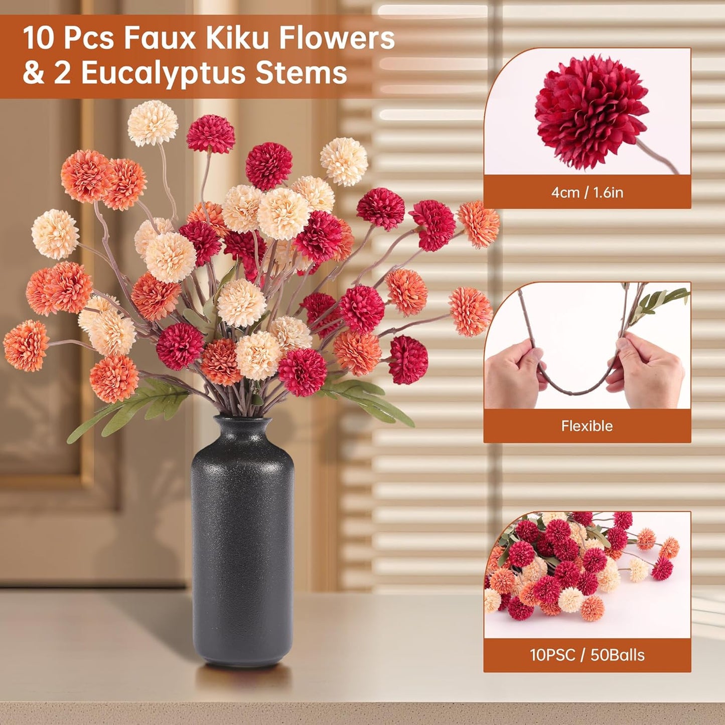 Faux Kiku Flowers Fall 10 Stems & 2 Eucalyptus, Fake Mums Pompon Flower Ball, Autumn Burnt Orange Artificial Chrysanthemums Flowers for Boho Decor, Mini Faux Kiku Flower Wedding Arrangements Decor