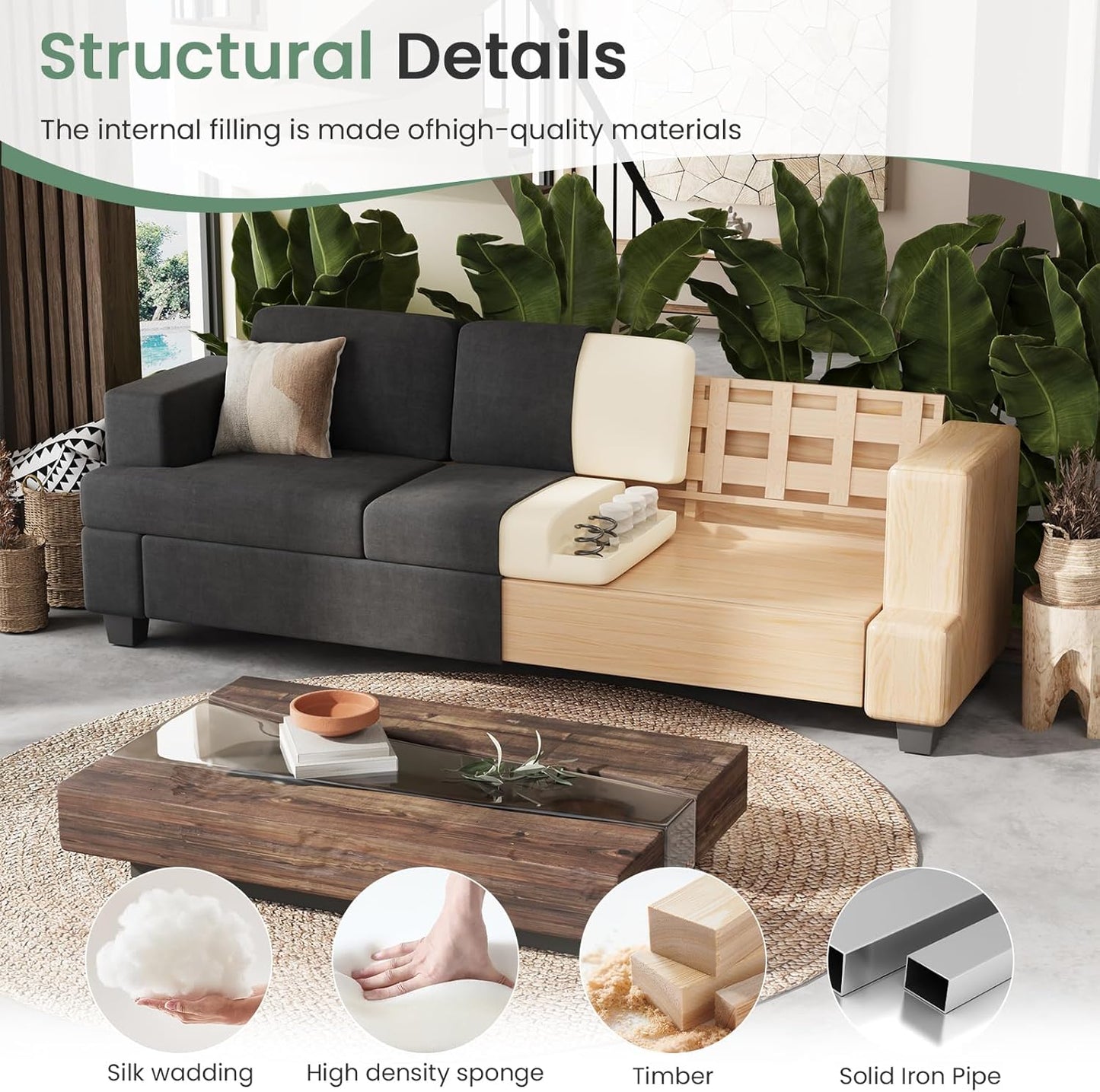 Sofa, 89" 3-Seater Deep Seat Sofa, Modern Comfy Couches for Living Room Apartment Lounge, Dark Grey Chenille