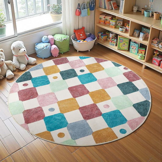 jinchan Round Rug 5ft Kids Washable Rug Indoor Floor Cover Non-Slip Soft Elementary School Classroom Modern Colorful Diamond Carpet for Nursery Daycare Bedroom Playroom Living Room Confetti on Cream