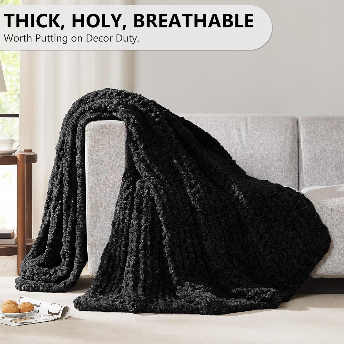 L'AGRATY Chunky Knit Blanket Throw: Soft Chenille Yarn Throw Blanket 60x80 - Handmade Thick Cable Crochet Blanket - Large Chunky Rope Throw Blanket for Couch Sofa Bed Home Decor(Black)