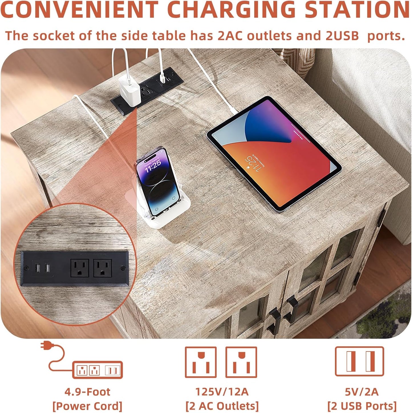 Farmhouse End Table with Charging Station,24" Large Sofa Side Table with Glass Barn Door,Rustic Wood Night Stand with Adjustable Storage Shelf,Square Bedside Table for Living Room,Bedroom Office