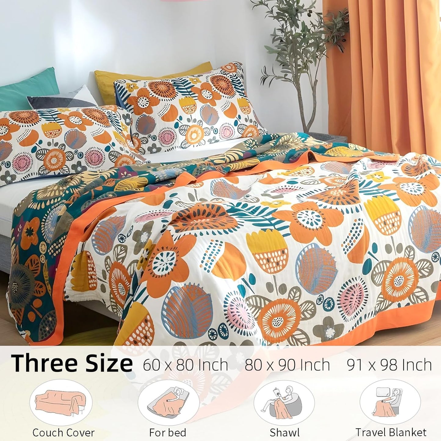 Boho Throw Blanket for Bed - 100% Pure Cotton Ultra Soft Rustic Quilt - Farmhouse Decor Bed Blankets, All Season Rustic Throw for Sofa Couch Chair(80''x 90'', Floral Print 2)