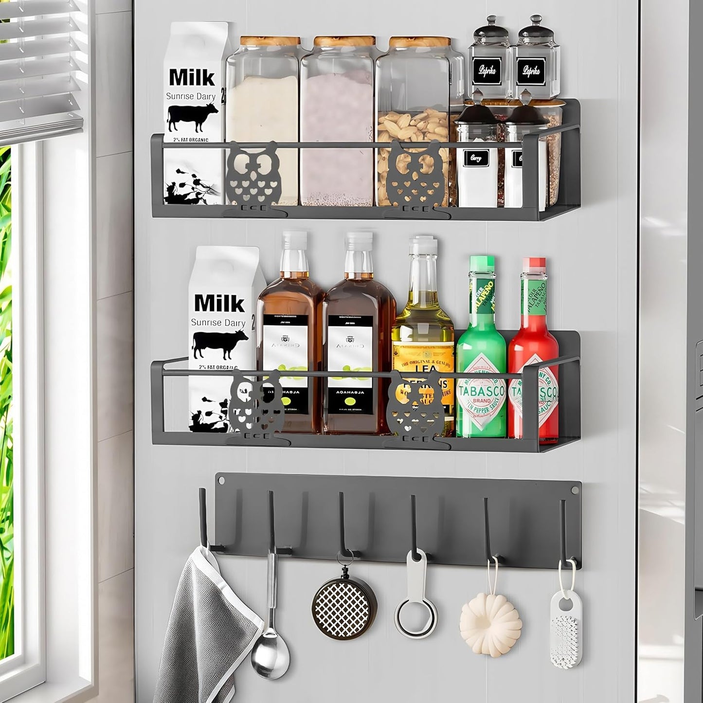 Spice Rack Magnetic for Fridge,Magnetic Fridge Shelf,Spice Shelf,Condiment Organizer,Refrigerator Organizers and Storage with Magnetic Hooks,Owl Kitchen Decor(Gray)