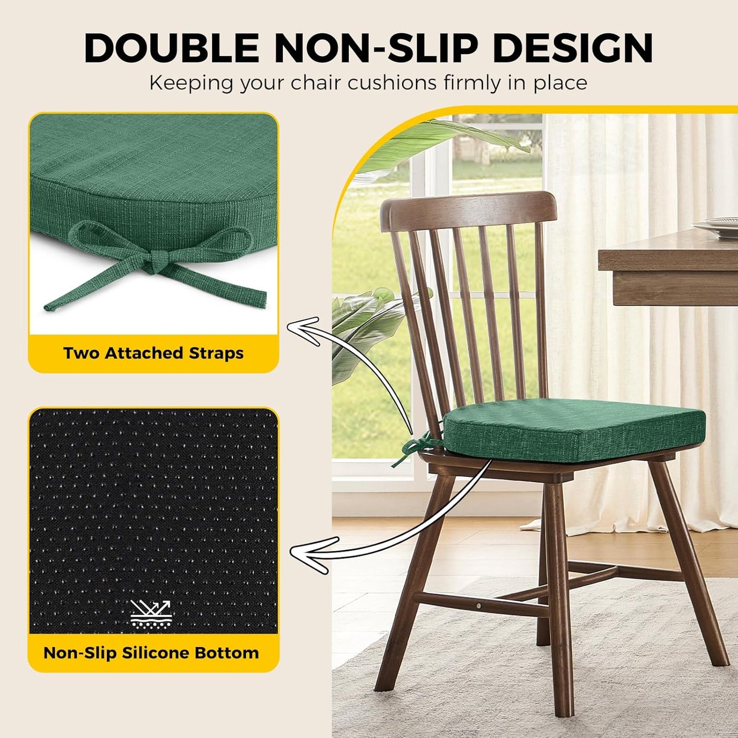 downluxe Indoor Chair Cushions for Dining Chairs, Soft and Comfortable Textured Foam Kitchen Chair Pads with Ties and Non-Slip Backing, 16" x 16" x 2", Dark Green, 6 Pack